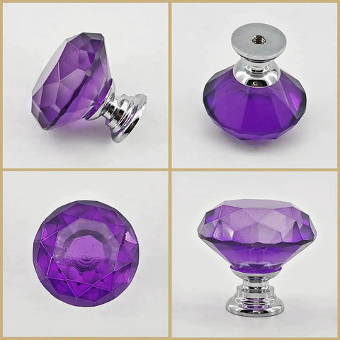 Purple Diamond Crystal Cabinet Knobs 1.2 Inch with Chrome Alloy Bases, set of 6, showing various angles and details of the glass drawer pulls.
