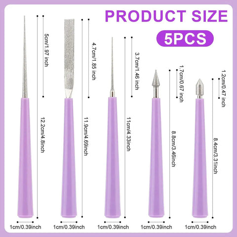 Five-piece diamond tipped bead reamer set for jewelry making with varied sizes and purple handles displayed on chart