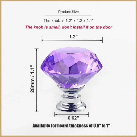 Purple Diamond Crystal Cabinet Knobs 1.2 Inch with Chrome Alloy Bases, size details, 6 Pack Glass Drawer Pulls for Dresser Vanity and Bathroom