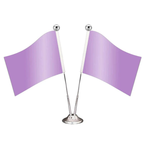 Two small purple table flags with silver bases and poles, simple decorative design for events or celebrations.