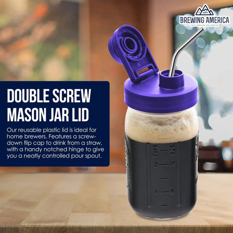 Purple wide mouth plastic jar lid with flip cap and straw on a Mason jar, background reading Double Screw Mason Jar Lid by Brewing America.