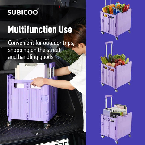 Purple Foldable Utility Cart With Lid Four Wheel 360 Rotating Design Grab And Go Portable Hand Truck For Grocery Shopping Office Storage Collapsible Trolley On Wheels Brake For Safety being loaded into a car