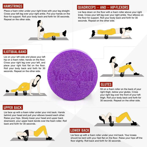 Medium Firm Round PE Foam Roller For Pilates Yoga Stretching Balance And Core Exercises Durable Non Slip Construction Instructions.