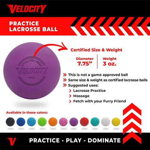 Product image of Practice Lacrosse Balls - 1, 2, 3, 6, 12, 18, 24, 36, 60 and 120 Packs - Official Size and Weight - Purple ball with size details.