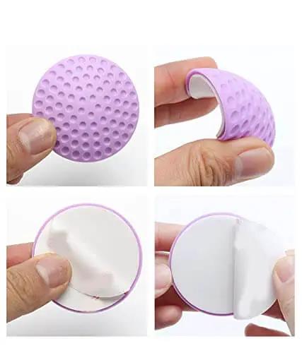 Self Adhesive Rubber Door Buffer 12 Pcs Set showing purple silencer cushion, flexible curved view and peel-off adhesive back.
