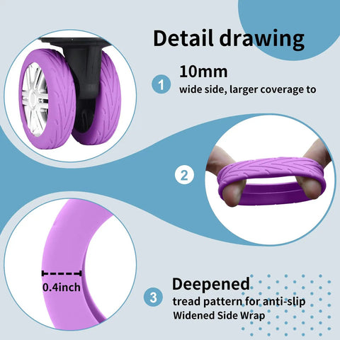 Detail view of Silicone Luggage Wheel Covers Protector Set For Travel And Office Chair Casters Wear Resistant Anti Noise Shock Absorption Soft Stretchable Covers That Reduce Drag And Vibration Quiet Purple showing size and tread pattern.