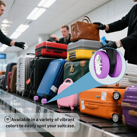 Silicone Luggage Wheel Covers Protector Set For Travel And Office Chair Casters Wear Resistant Anti Noise Shock Absorption Soft Stretchable Covers That Reduce Drag And Vibration Quiet Purple on suitcase at airport carousel.