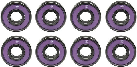 High Performance Skate Bearings Pack Of Eight With Stackz Graphflo Cream Lubricant Made In The USA for smooth spins, purple color front view.