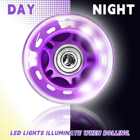 8-Pack Inline Skate Wheels 64mm With Bearings For Indoor And Outdoor Replacement - High-Performance 82A Polyurethane, Smooth-Riding Durable Wheel Upgrade Purple with LED lights.