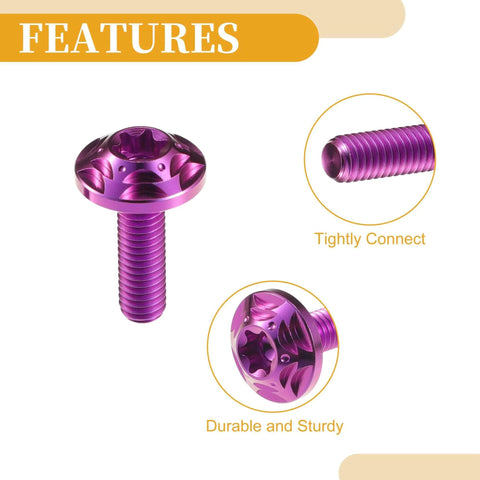 Partuto 1set 1/4" M6 Universal Anti Theft License Plate Screws showing features and close-up of titanium alloy purple design