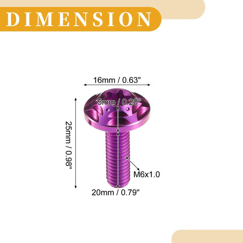 Metallic purple license plate screw dimensions, 25mm height, 16mm diameter, Partuto 1set 1/4" M6 Universal Anti Theft License Plate Screws.