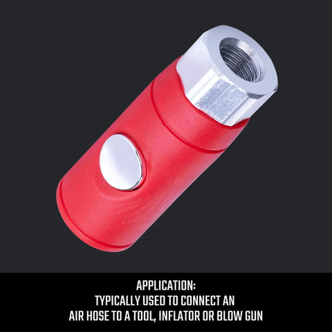 Push Button Air Coupler Female 1/4 Inch NPT Quick Disconnect for Industrial and Automotive Air Lines with red body and metal fitting.