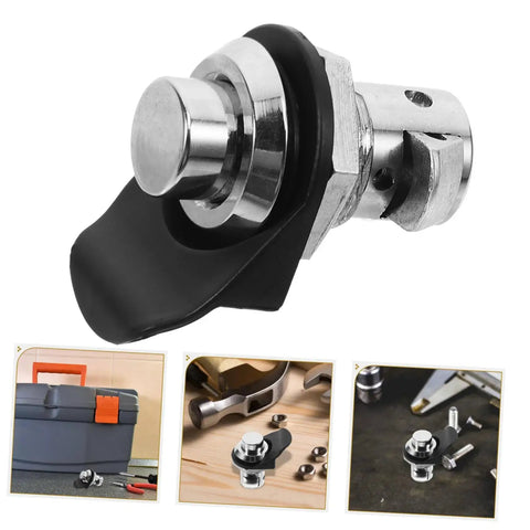 Push-button cabinet latch with round metal button and black housing for marine cabinets and boats