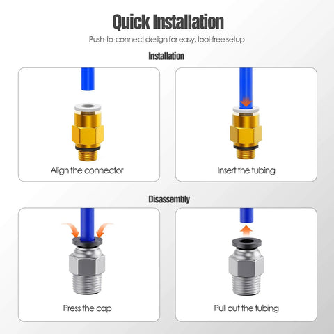 Installation steps for Push To Connect Bowden PTFE Tube Fittings PC4 M10 And PC4 M6 for 3D printers and pneumatic systems.