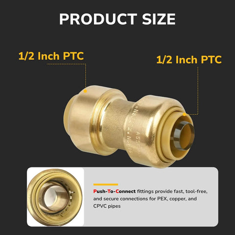 12 Pack Push To Connect Brass Plumbing Couplings For Half Inch Copper CPVC And PEX Pipes, Straight Fitting With Upgraded Stiffener