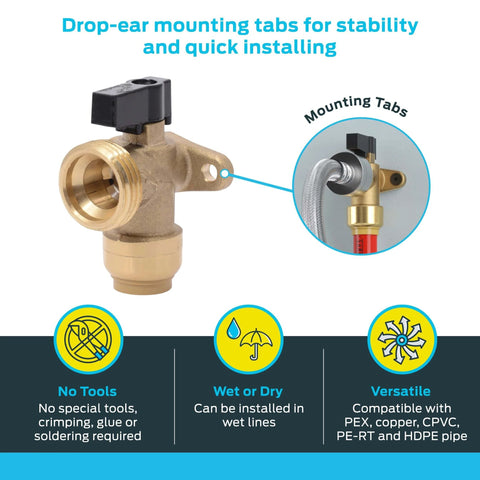 1/2 Inch To 3/4 Inch MHT Washing Machine Angle Valve With Push To Connect Brass Plumbing Fitting shown with mounting tabs