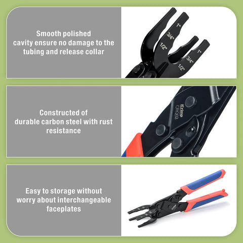 All In One Push To Connect Clamp Tool For Brass Push Fittings Removal, no fuss disconnect tool shown with comfort grips and size markings