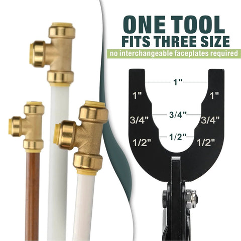 All In One Push To Connect Clamp Tool For Brass Push Fittings Removal displayed with 1/2, 3/4, 1 inch fitting sizes
