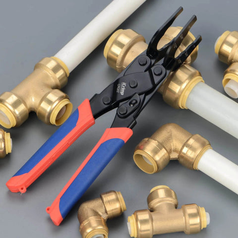 All In One Push To Connect Clamp Tool For Brass Push Fittings Removal displayed with fittings and pipes