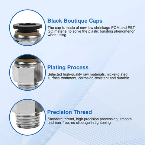 12 Pack Push To Connect Fittings Three Eighths Inch OD To One Quarter Inch NPT Quick Connect Air Line Fittings depicted with black boutique caps, plating process, and precision thread features.