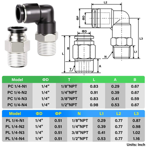 Elbow and Straight Push To Connect Fittings One Quarter Inch Tube OD X One Quarter Inch NPT Thread Copper And Plastic Pack Of Twelve PC One Quarter Inch N2 And PL One Quarter Inch N2 High Pressure 145 PSI 32 To 140 Fahrenheit, with technical specifications