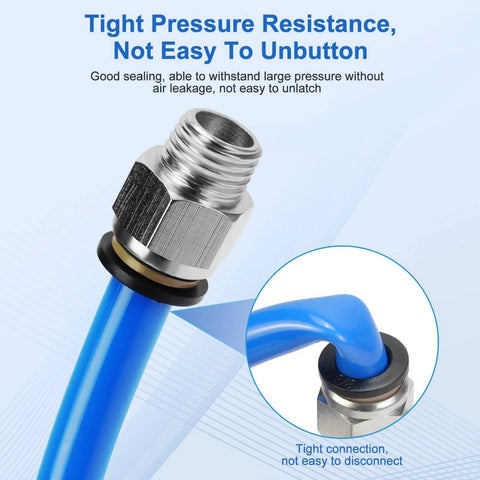 Close-up of 12 Pack Push To Connect Fittings Three Eighths Inch OD To One Quarter Inch NPT Quick Connect Air Line Fittings showing tight pressure seal