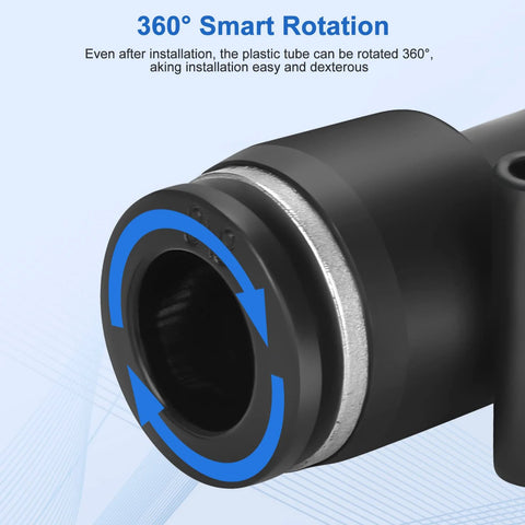 Close-up of 12 Pack Push To Connect Fittings Three Eighths Inch OD To One Quarter Inch NPT Quick Connect Air Line Fittings swivel joint.
