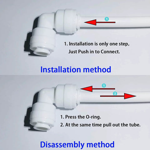 Push To Connect Quick Connector Male Adapter Elbow And Straight Fittings Three Eighths Inch NPT Thread To One Quarter Inch Tube Outer Diameter For Water Filter Purification Systems Pack Of 10 installation and disassembly guide.