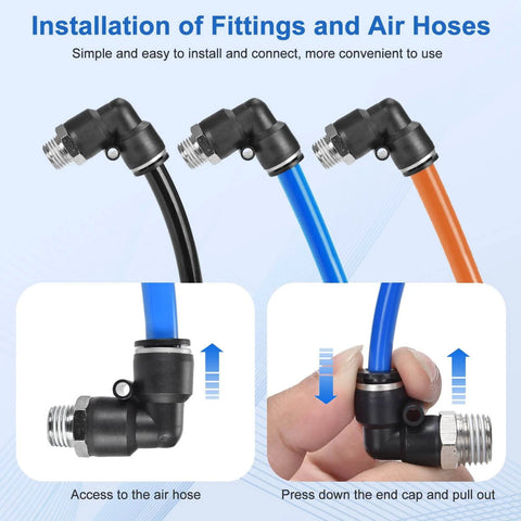 Installation guide for 12 Pack Push To Connect Fittings Three Eighths Inch OD To One Quarter Inch NPT Quick Connect Air Line Fittings Pneumatic Male Straight And Elbow Made From Plastic And Copper Ideal For Auto Repair Workshops Industrial Air Systems showing air hose connection.