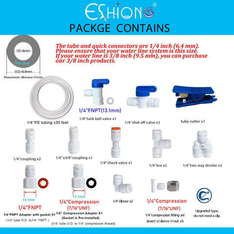 One Quarter Inch Push To Connect Fittings For RO Water Filter And Fridge Installation Kits NSF Certified Food Grade POM BPA Free Includes 20 Pcs And 30 Feet Of One Quarter Inch Water Tubing Easy DIY Setup packaging contents showing connectors, tubing, and tools.