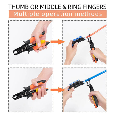 Push To Connect Fittings Disconnect Tool For 3/8 And 1/2 Inch Pneumatic Air Hose Quick Connects shown in use with different hand grips.
