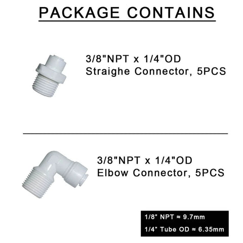 Push To Connect Quick Connector Male Adapter Elbow And Straight Fittings Three Eighths Inch NPT Thread To One Quarter Inch Tube Outer Diameter For Water Filter Purification Systems Pack Of 10, showing straight and elbow connectors, 5 pcs each, NPT 9.7mm, Tube OD 6.35mm.