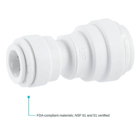 Close-up of Reducing Union Plastic Plumbing Fitting 3/8 Inch OD To 1/4 Inch OD Push To Connect No Tools Required Leak Free Quick Connect