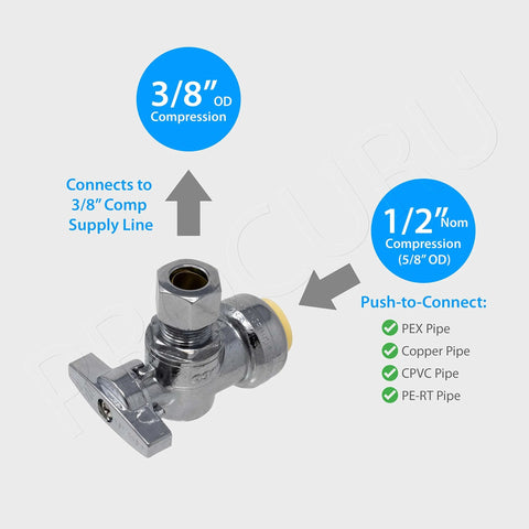 Easy Push Fit Angle Stop Valve Half Inch Inlet To Three Eighth Inch Compression Outlet Quarter Turn Brass Shutoff for multiple pipe types