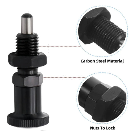2 Pack Push Fit Ball Nose Spring Plungers With M12x1.5 Threads, carbon steel, showing retractable knob and locking nuts.