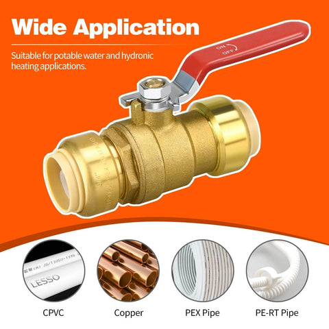 Two Pack Three Quarters Inch Push Fit Ball Valve With Disconnect Clip Full Port Push To Connect Water Shut Off Valve For Hot And Cold Water DIY Friendly For PEX PVC Or Copper Pipes No Lead Brass Easy Install front view