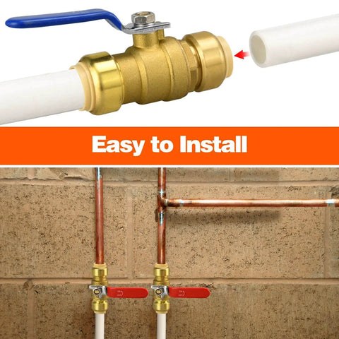 Two Pack Three Quarters Inch Push Fit Ball Valve With Disconnect Clip Full Port Push To Connect Water Shut Off Valve For Hot And Cold Water DIY Friendly For PEX PVC Or Copper Pipes No Lead Brass Easy Install shown installed on wall piping
