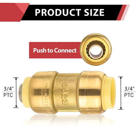 Pack Of Five Three Quarter Inch Push Fit Straight Couplings For PEX Copper And CPVC With Disconnect Clip Lead Free DZR Brass Quick Toolless Installation O Ring Seal Hydronic And Potable Water Fittings front view