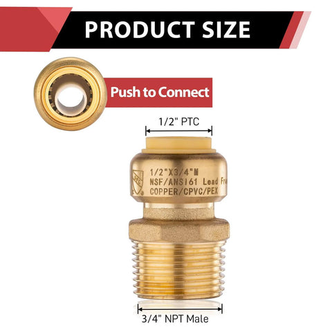 Two Pack Push Fit Half Inch To Three Quarter Inch Male Adapter With Disconnect Tool For Pex Copper CPVC And PERT Pipe