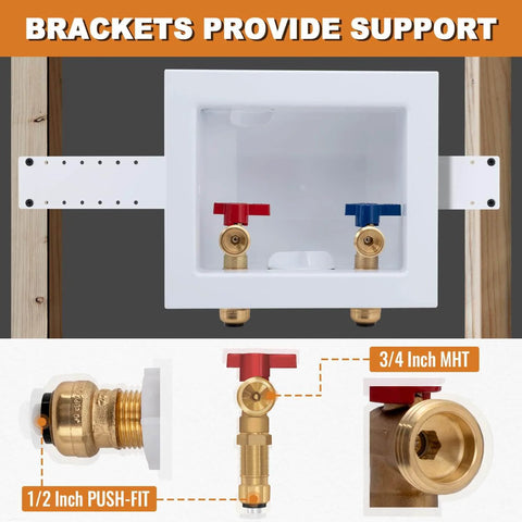 Push Fit Laundry Washer Valve Box With Center Drain, One Half Inch Push Fit Inlet To Three Quarter Inch MHT Outlet