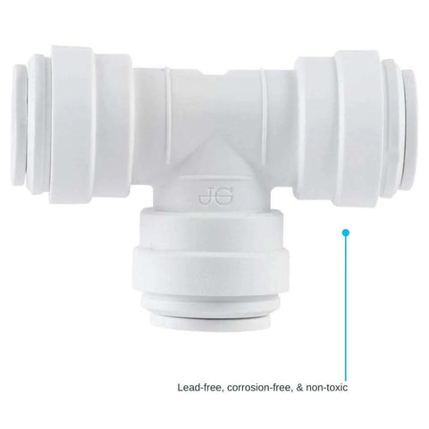 Front view of white reducing tee three eighths to three eighths and one quarter inch OD push to connect plastic plumbing fitting.