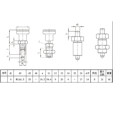 Technical drawing of Push Fit Ball Nose Spring Plunger with Stainless Steel Spring and Matte Black Glass Fiber Reinforced Housing, M12 size.