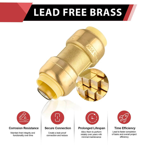 Pack Of Five Three Quarter Inch Push Fit Straight Couplings For PEX Copper And CPVC With Disconnect Clip Lead Free DZR Brass Quick Toolless Installation O Ring Seal Hydronic And Potable Water Fittings close-up of brass coupling