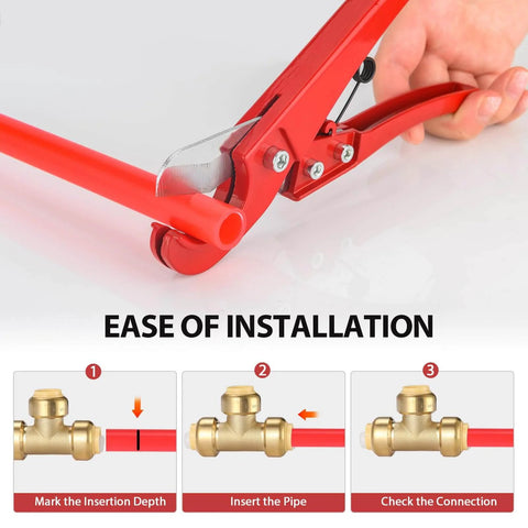 3/4 Inch Tee Push-Fit Fitting for PEX, Copper, and CPVC Pipes with Disconnect Clip in use, illustrating easy installation steps.