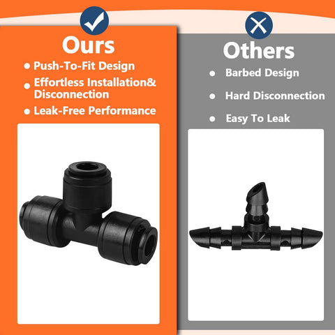 Comparison of 30 Pack One Quarter Inch Drip Irrigation Tee Fittings With Push To Fit Barbed Connectors and standard barbed tee fittings