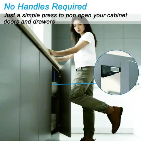 Woman opening cabinet with Heavy Duty Push Latch Cabinet Hardware With Magnetic Door Catch, 2 Pack Hidden Touch Latches for RV Closets.