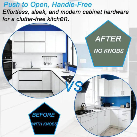 Before and after kitchen with Heavy Duty Push Latch Cabinet Hardware With Magnetic Door Catch, modern no-knob design.