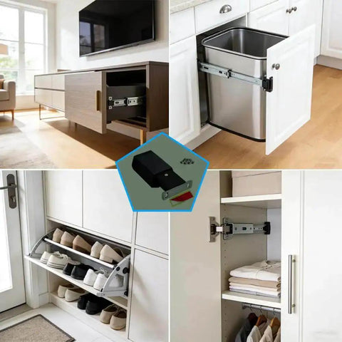 Various uses of Heavy Duty Push Latch Cabinet Hardware with Magnetic Door Catch, including RV closets and cabinet doors.