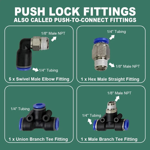 Push-lock vacuum fittings kit for 1/4 tubing, 1/8 NPT; includes 5 swivels, 1 hex straight, 1 union tee, 1 branch tee