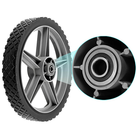 Close-up of a 3 Pack 12 x 1.75 Inch Push Mower Replacement Wheels with Spoke Plastic Design and Diamond Tread